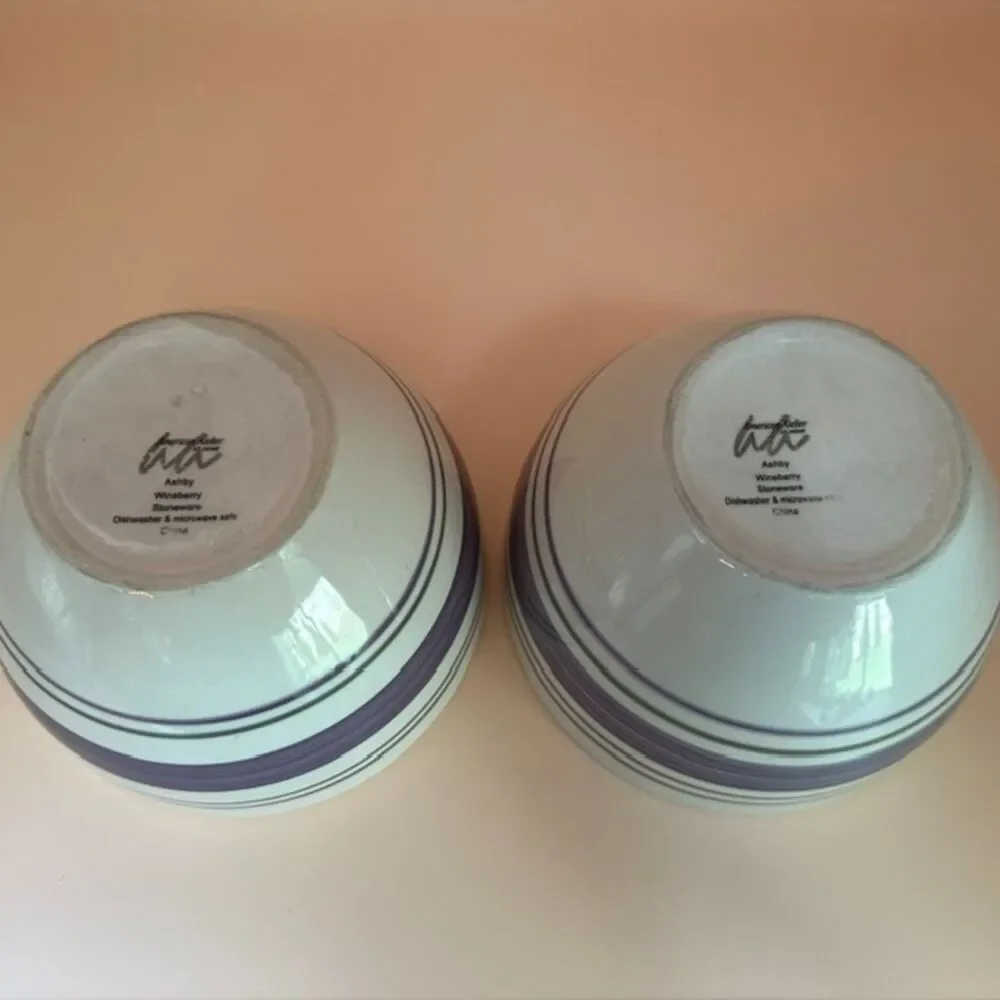 Set of 2 American Atelier Ashby Wineberry Stoneware Bowls Purple Striped Bands
